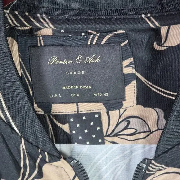 Porter & Ash Floral Bomber Jacket Black Tan Hibiscus FullZip Inner Pockets Large - Picture 5 of 14